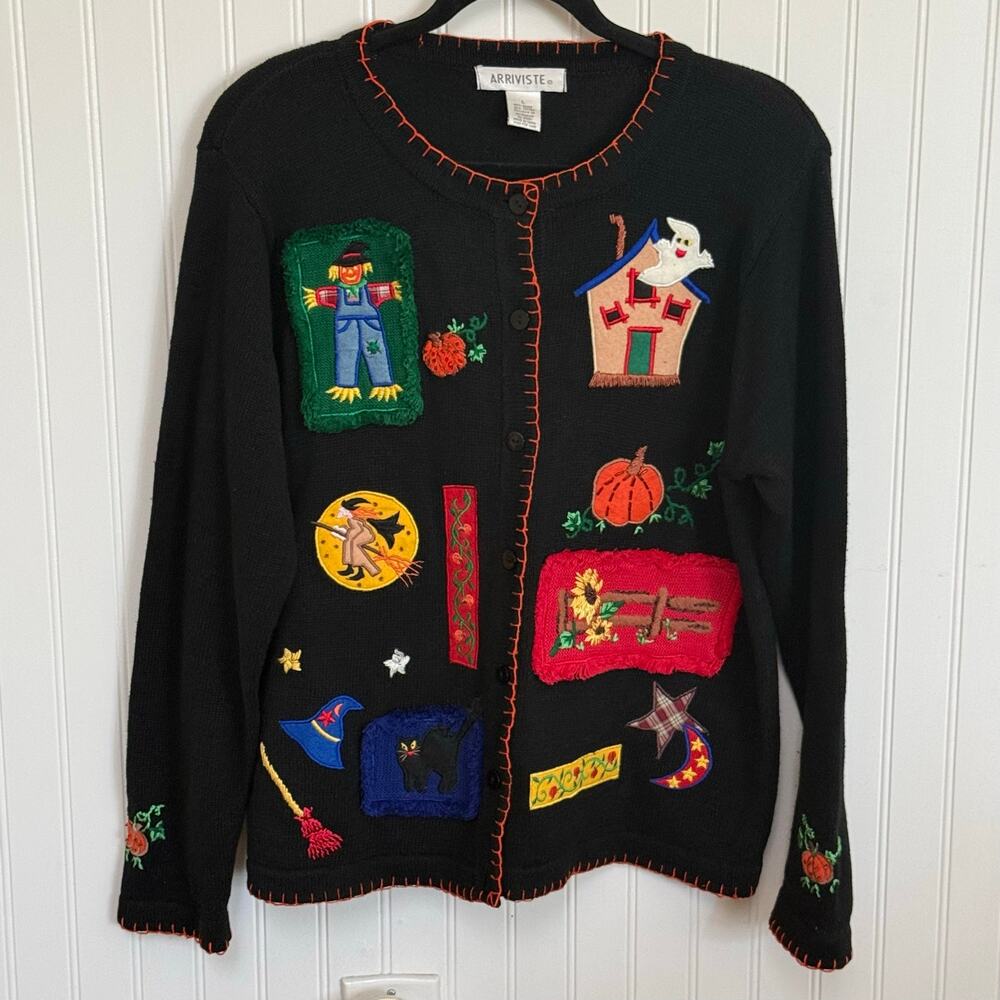 VTG Arriviste Halloween Fall Cardigan Sweater size L embroidered